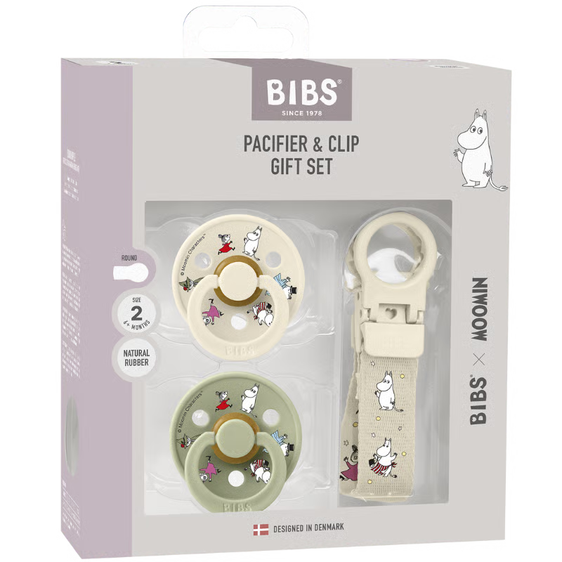 Bibs x Moomins Colour Pacifier & Loop Clip Gift Set Latex Size 2 Ivory/Sage