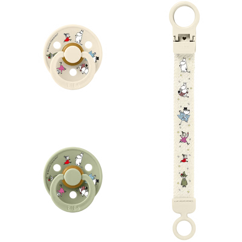 Bibs x Moomins Colour Pacifier & Loop Clip Gift Set Latex Size 2 Ivory/Sage
