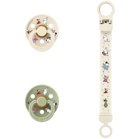 Bibs x Moomins Colour Pacifier & Loop Clip Gift Set Latex Size 2 Ivory/Sage