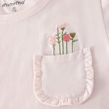 Minymo T-shirt m broderede blomster på lomme