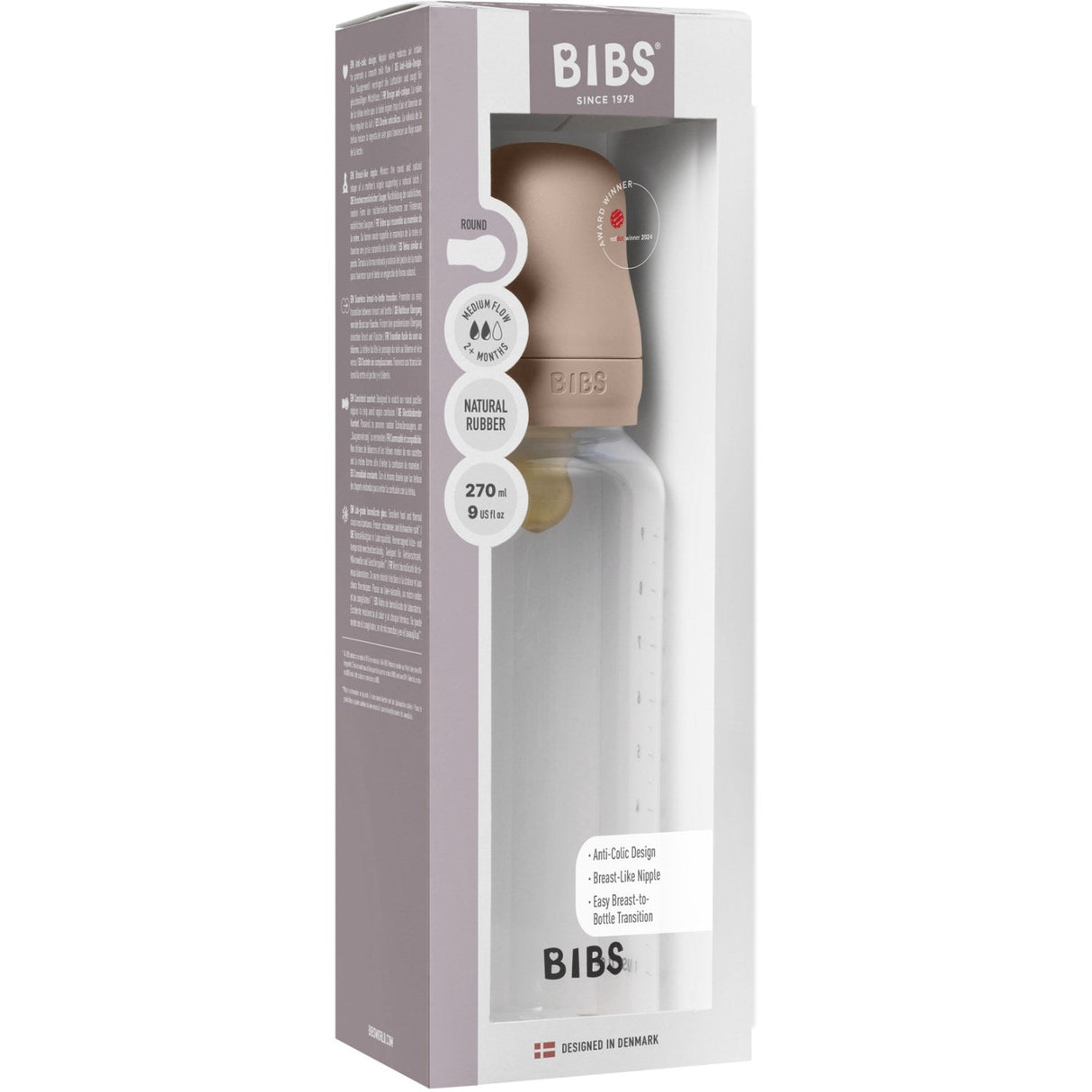 Bibs Blush Baby Flaske Round Latex 1 Pack 270 ml Medium Flow