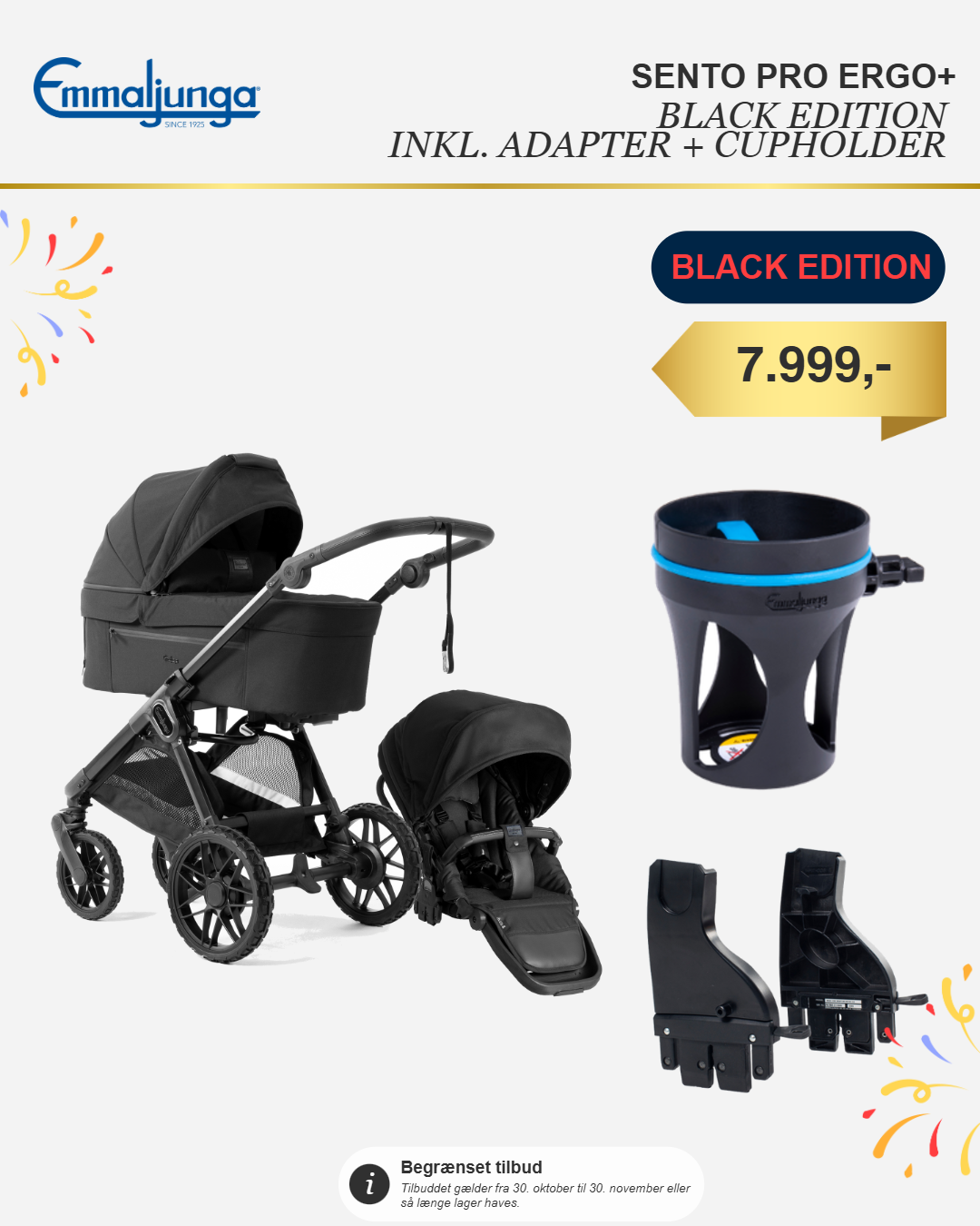Emmaljunga Sento Pro Ergo+ BLACK EDITION  Inkl. Kopholder I Adapter